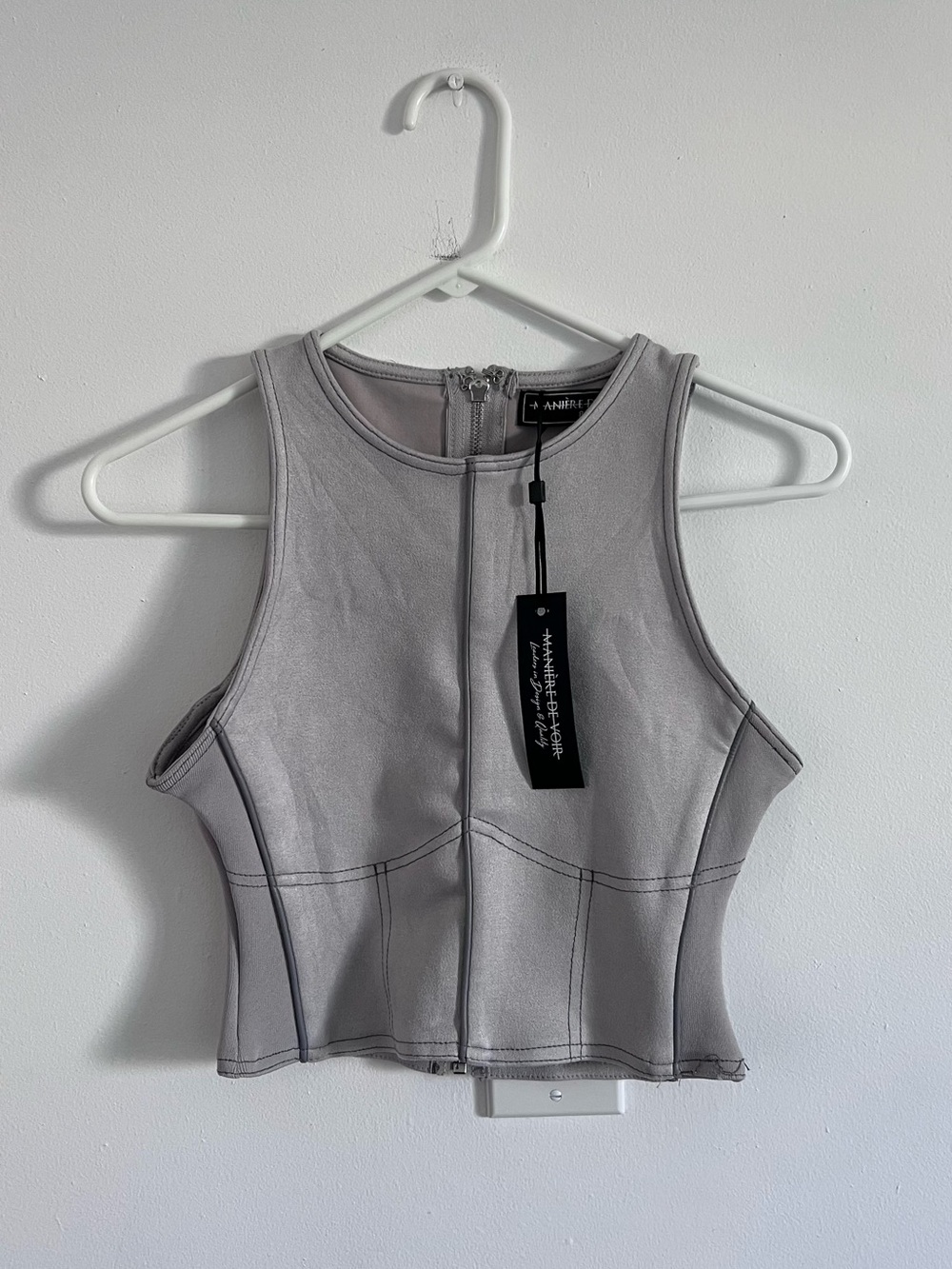 Maniere De Voir Gray Structured Crop Top Corset Y2K Moto Contrast Stitch
